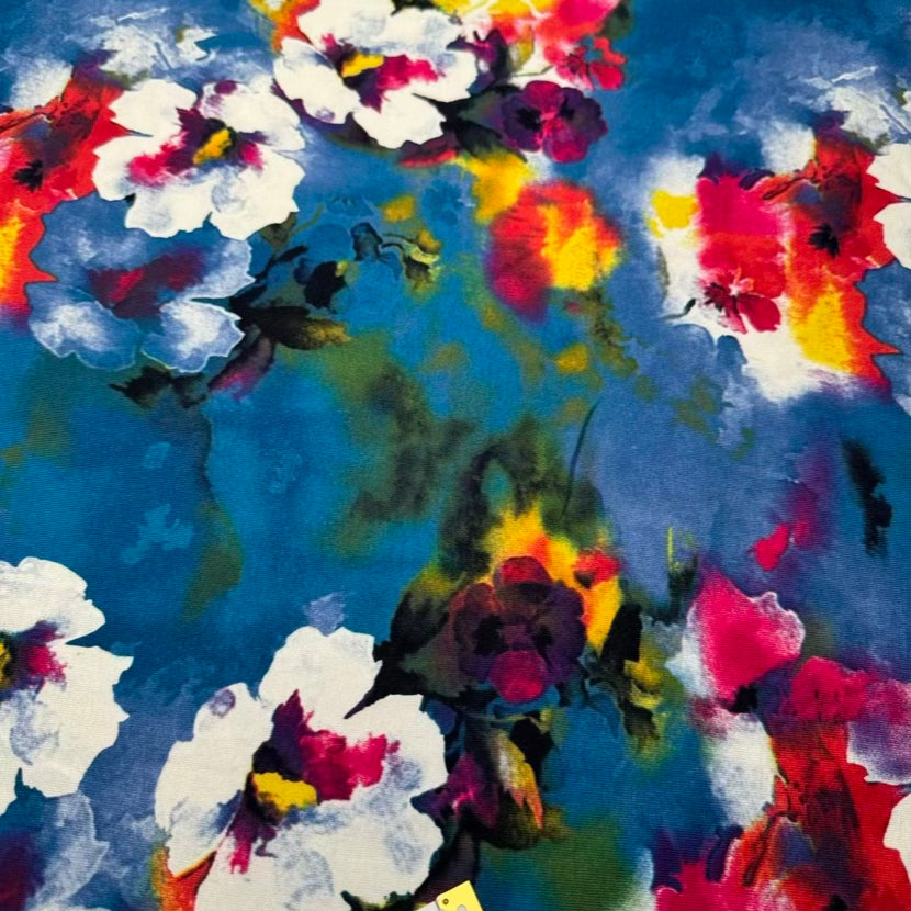 Jersey Rayonne Fleurs Bleu