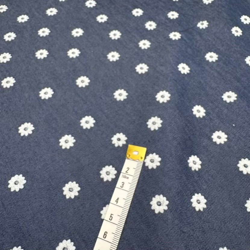 Denim Texturé Petites Fleurs Bleu Foncé