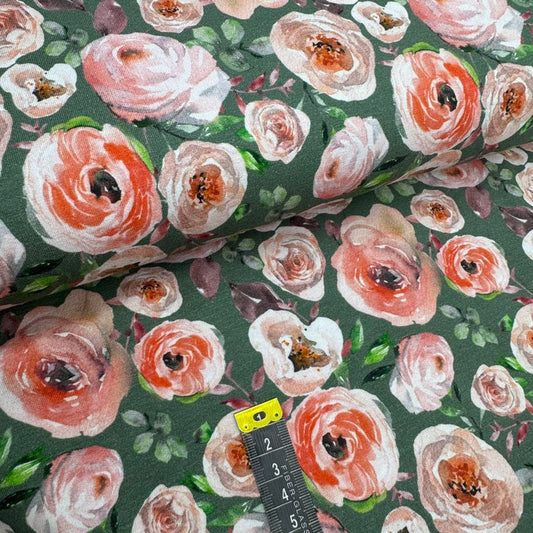Jersey Coton Roses fond Vert