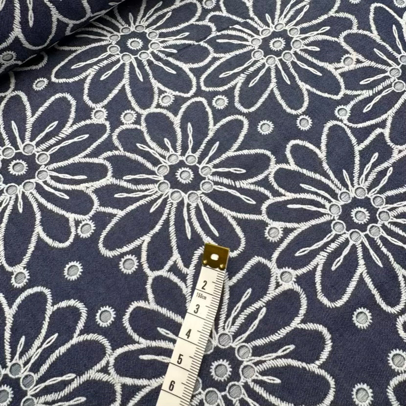 Denim Texturé Grandes Fleurs Bleu Foncé
