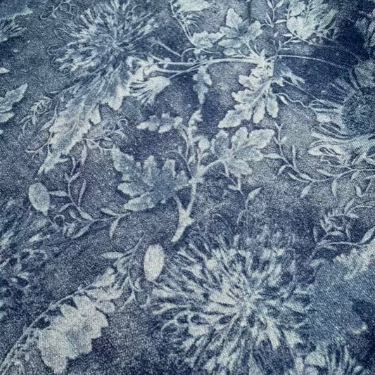 Denim Extensible Léger Fleurs Bleu
