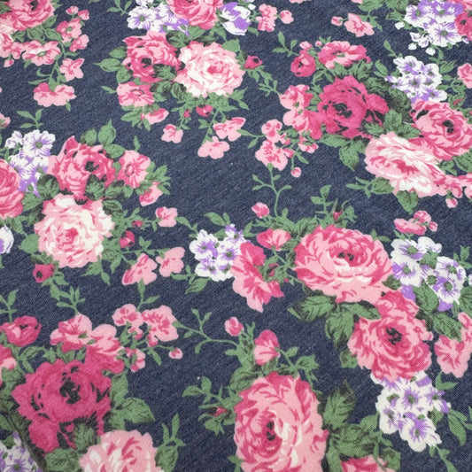 Jersey Polyester Floral Pink/Denim