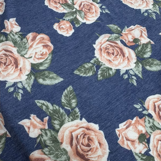 Jersey Polyester Floral Peach/Denim